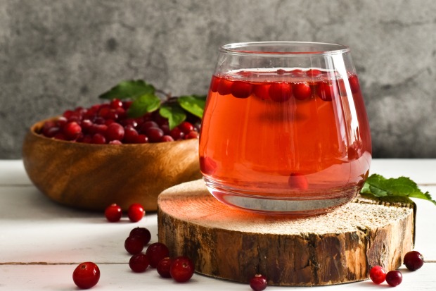 Ein Glas Preiselbeersaft auf einer Scheibe eines Baumstammes, der als Untersetzer fungiert