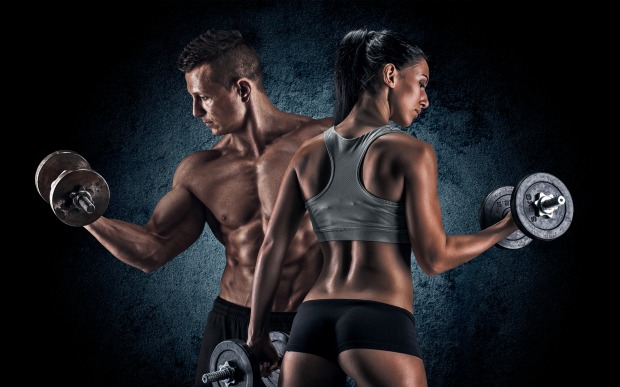 Ein Mann mit nacktem Oberkörper und eine Frau in knapper Trainingsbekleidung, die ihre Muskeln mit einem Hanteltraining stählen