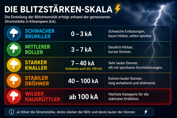 Blitzstärken-Skala von schwachem Brummler bis wildem Hausrüttler mit Stromstärken in Kiloampere