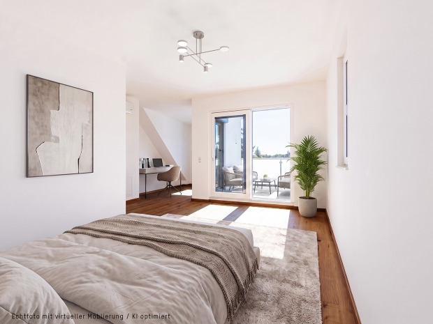Modernes Schlafzimmer mit hochwertiger Ausstattung | Credit: KI-optimiert/Echtfotos mit virtueller Möblierung/Glorit Bausysteme