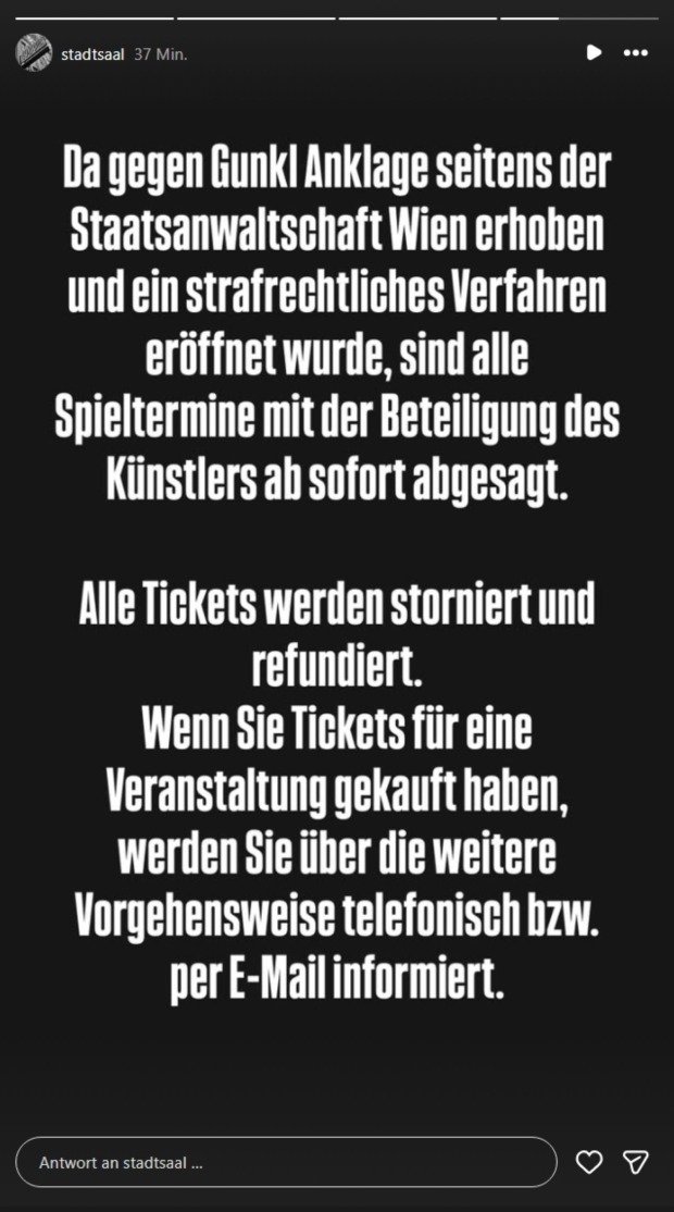 Instagram-Mitteilung des Stadtsaals Wien zur Absage aller Spieltermine mit Gunkl.