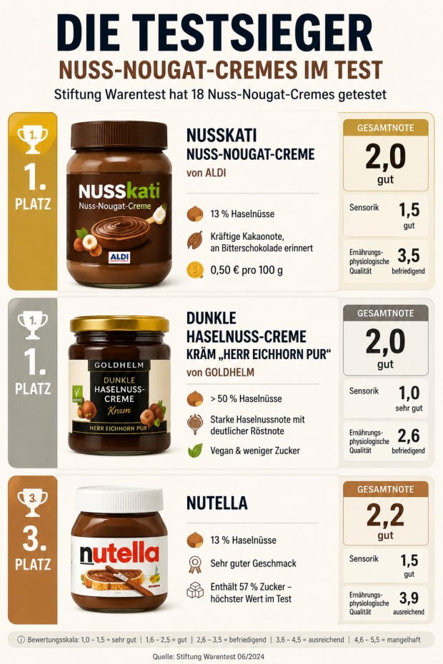Stiftung Warentest Nuss-Nougat-Creme Test: Aldi Nusskati und Goldhelm erreichen Note 2,0, Nutella folgt mit Note 2,2.