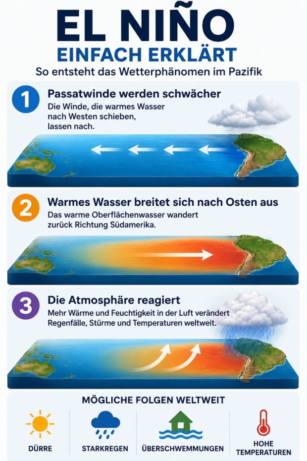 Infografik zur Entstehung von El Niño mit Passatwinden, warmem Pazifikwasser und möglichen Folgen wie Dürre, Starkregen und Überschwemmungen.