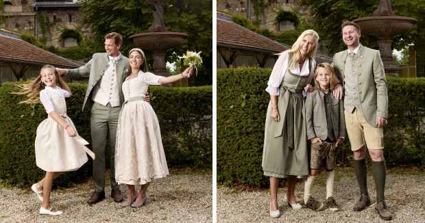 Festliche Trachtenmode für die Familie in Salbei- und Eukalyptustönen mit Dirndl und Herren-Outfit.