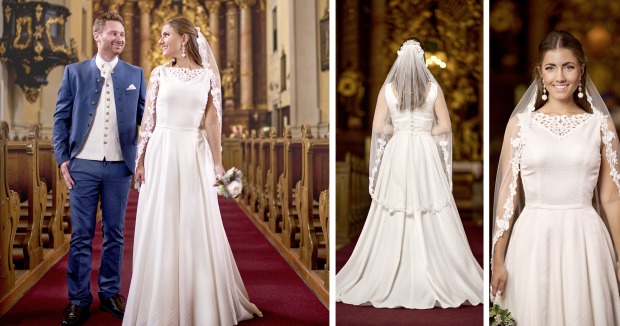 Festliche Trachtenmode für Braut und Bräutigam mit traditionellen und eleganten Details.