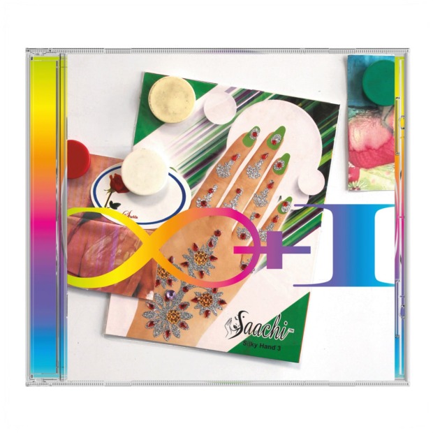 Albumcover von Bilderbuch „∞+1“ mit einer bunt verzierten Hand, geometrischen Formen und einem großen Unendlichkeitszeichen mit Plus und Eins in Regenbogenfarben.
