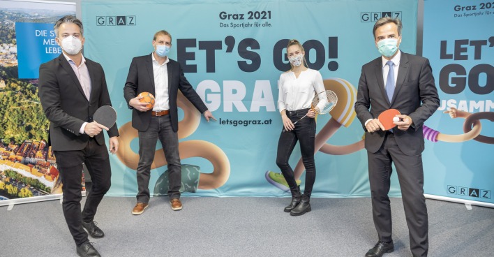 Kurt Hohensinner, Markus Pichler, Julia Meder und Siegfried Nagl bei der Programmpräsentation für das Sportjahr 2021.
