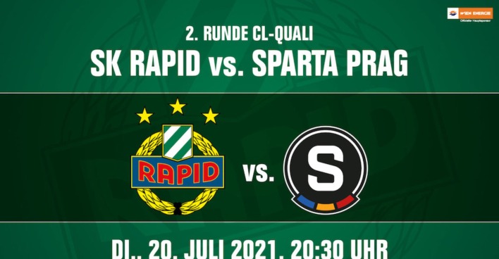 Grüne Fläche mit Text und den Mannschaftslogos: 2. Runde CL-Quali - SK Rapid vs. Sparta Prag. Dienstag, 20. Juli 2021, 20:30 Uhr.