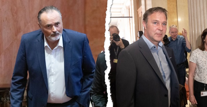 Fotomontage: Links Doskozil nach dem Parteitag, rechts Babler. Durch die Mitte des Bildes geht ein Riss.