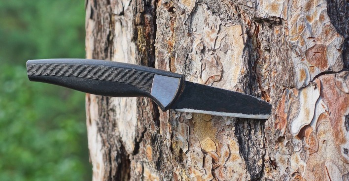 Ein schwarzes Eisenmesser ragt in die braune Rinde einer Kiefer