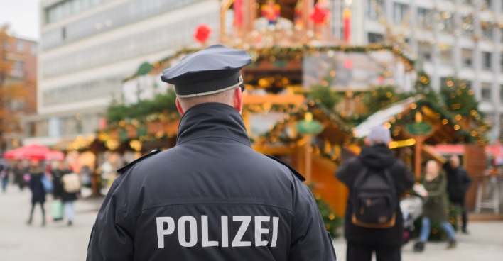 Ein Polizist auf einem Weihnachtsmarkt