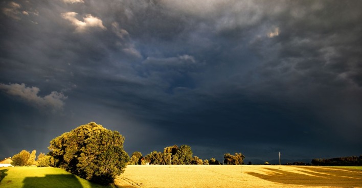 Unwetter über einem Feld bei Sonnenuntergang