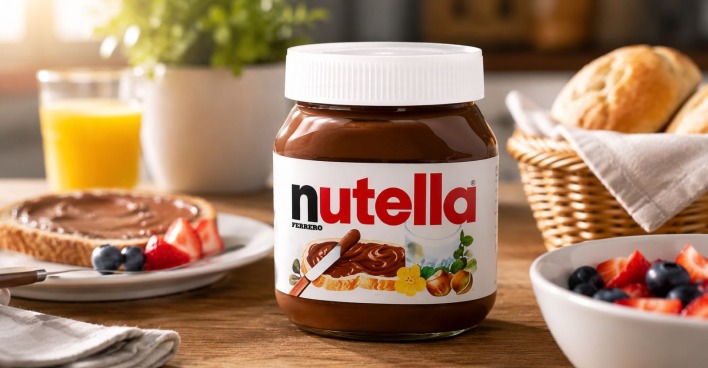 Nutella Glas auf einem gedeckten Frühstückstisch mit Brot, Nuss-Nougat-Creme und Beeren.