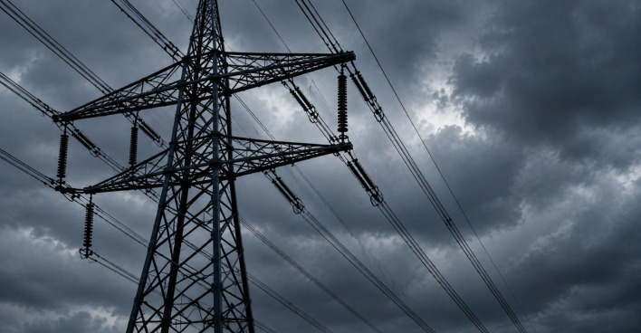 Strommast mit Hochspannungsleitungen vor düsterem Himmel als Symbolbild für Sabotage am deutschen Stromnetz.