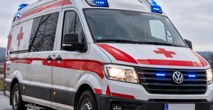 Rettungswagen mit Blaulicht als Symbolbild für den schweren Fahrradunfall eines siebenjährigen Buben in Bischoffeld im Murtal.