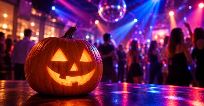 Geschnitzter Halloween-Kürbis auf einer Tanzfläche in einer Diskothek