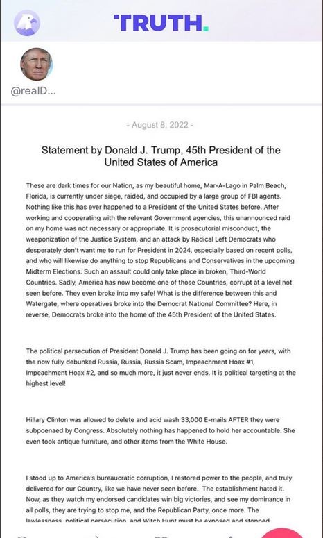 Screenshot des englischen Statements von Donald Trump via Truth Social