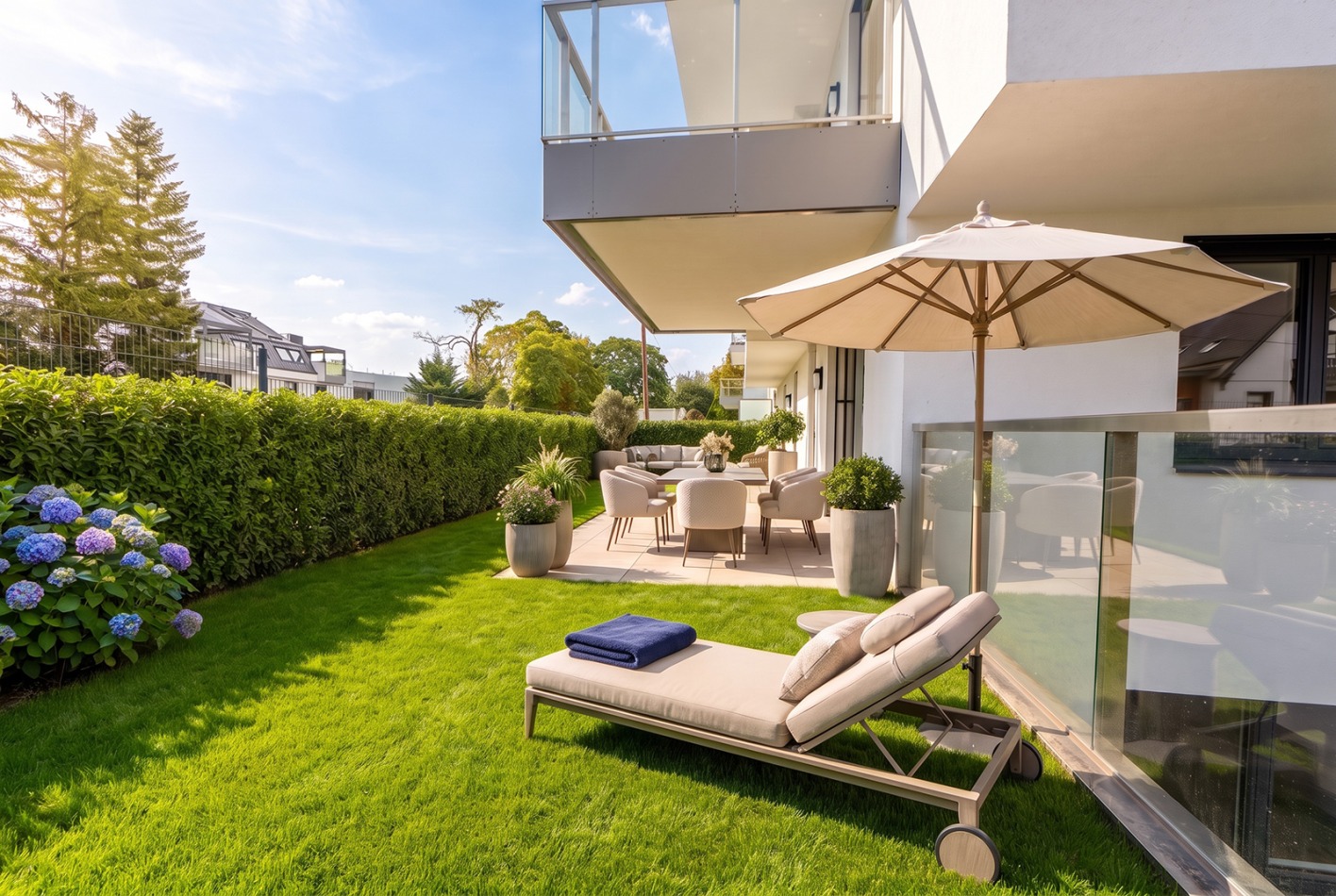Terrasse mit Garten | Credit: AI-bearbeitet/Echtfotos mit virtueller Möblierung/Glorit Baus