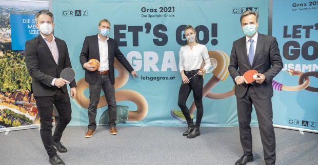 Kurt Hohensinner, Markus Pichler, Julia Meder und Siegfried Nagl bei der Programmpräsentation für das Sportjahr 2021.