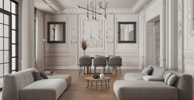 Wohnzimmer mit einer Wand aus Stuck-Deko | Credit: iStock.com/ArchiViz
