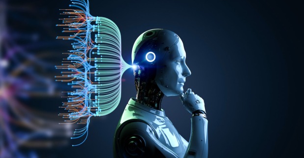 Computeranimiertes Bild: Ein menschenähnlicher Roboter in Denkerpose, die Hand ans Kinn gestützt. Hinter seinem Kopf eine Datenwolke.