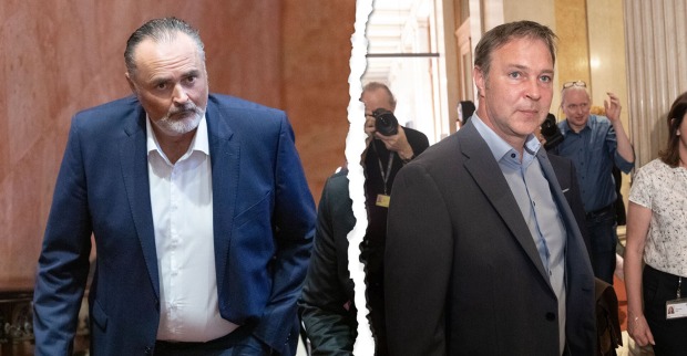 Fotomontage: Links Doskozil nach dem Parteitag, rechts Babler. Durch die Mitte des Bildes geht ein Riss.