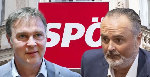Bildmontage von Andreas Babler und Hans Peter Doskozil vor der SPÖ-Parteizentrale