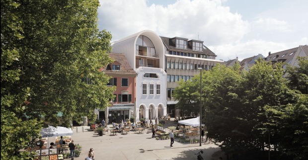 Visualisierung des geplanten Stadthotels „kleiner Löwe“ am Kornmarktplatz in Bregenz.
