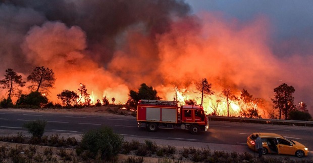 Ein Feuerwehrauto auf der Straße vor einem brennenden Wald