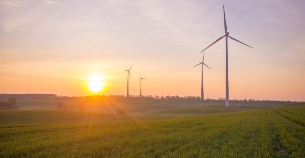 Windpark Anlage bei Sonnenuntergang