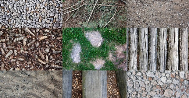 Collage diverser unterschiedlicher Untergründe eines Kneipp-Weges