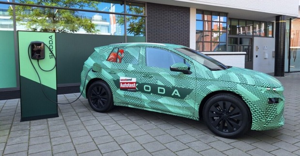 Ein grüner Skoda Elroq - mit schwarzem Muster - steht auf einem betonierten Parkplatz. An einen der hinteren Fenster ist das Bild eines rosa Flamingos angebracht. Das Auto wird gerade an einer grünen E-Zapfsäule aufgeladen. Im Hintergrund sieht man eine Gargeneinfahrt, die geschlossen ist.