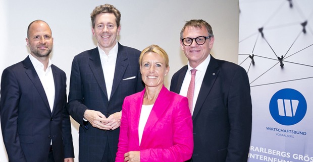 LR Marco Tittler (Obmann Vlbg. Wirtschaftsbund), WKÖ Präs. Harald Mahrer, WKV Vize-Präs. Petra Kreuzer und Direktor Wirtschaftsbund Vorarlberg Christoph Thoma