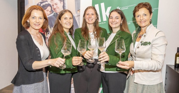 Fünf Frauen stoßen mit Wein an