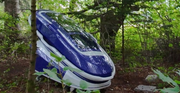 Die Todeskapsel Sarco steht in einem Waldstück. Sie ist blau und erinnert in der Forma an ein sehr kleinesRaumschiff