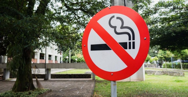 Ein "Rauchen verboten"-Schild vor eine Grünfläche.