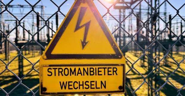 Umspannwerk mit Schild "Stromanbieter wechseln"