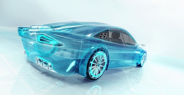 Ein blaues, futuristisch wirkendes Auto parkt auf einer weißen Fläche. Man erkennt auch das Innere das Fahrzeugs, das beleuchtet ist.