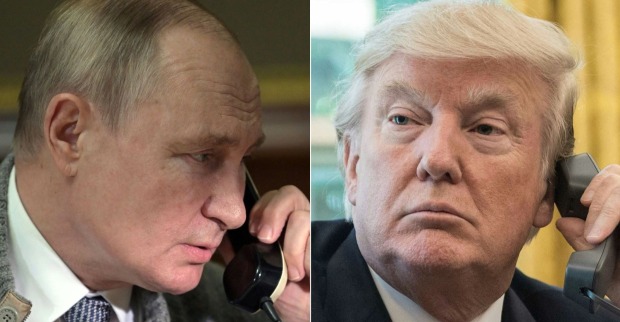 Fotomontage: Wladimir Putin (links) und Donald Trump (rechts) jeweils mit Telefonhörer