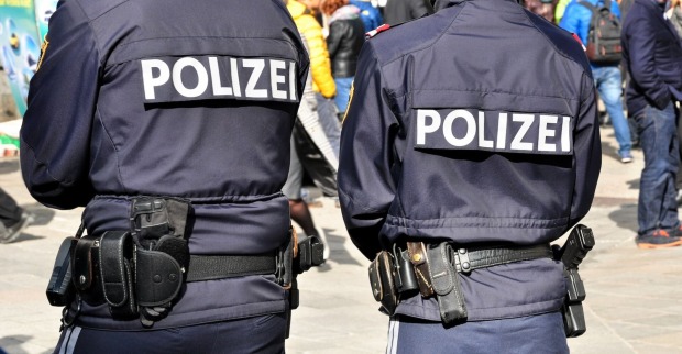 Polizisten im Einsatz, von hinten abgebildet in einer Menschenmenge