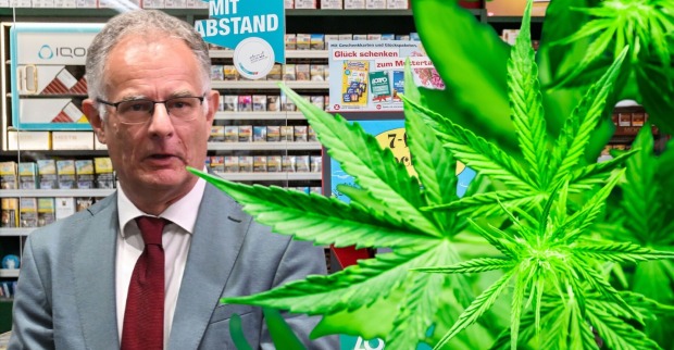 „Ein Mann im Anzug steht in einer Trafik, im Vordergrund große grüne Hanfblätter – Symbol für den bevorstehenden legalen Verkauf von Hanfprodukten in Tabakgeschäften.