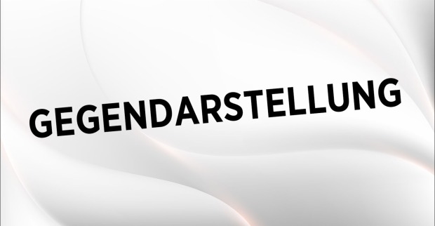 Grafik mit dem Schriftzug „Gegendarstellung“ auf weißem, abstraktem Hintergrund