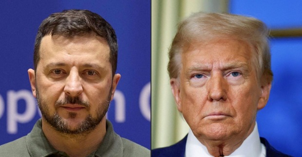 Porträt von Wolodymyr Selenskyj links und Donald Trump rechts, nebeneinander montiert, beide blicken ernst in die Kamera.