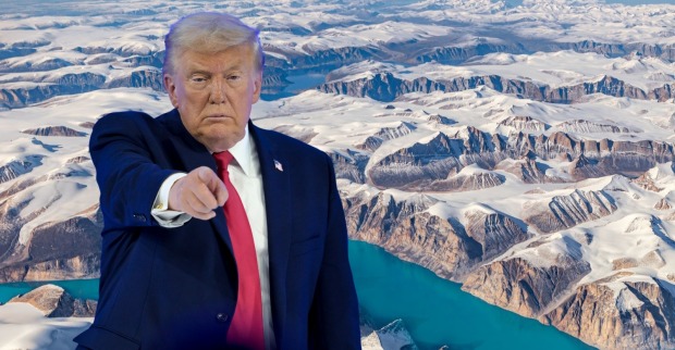 US-Präsident Donald Trump zeigt mit dem Finger vor einer arktischen Landschaft, die Grönland symbolisiert.