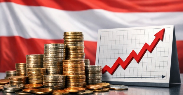 Münzstapel vor österreichischer Flagge mit steigender Kurve – Symbolbild zur Inflation in Österreich und aktuellen Preisentwicklung 2026.