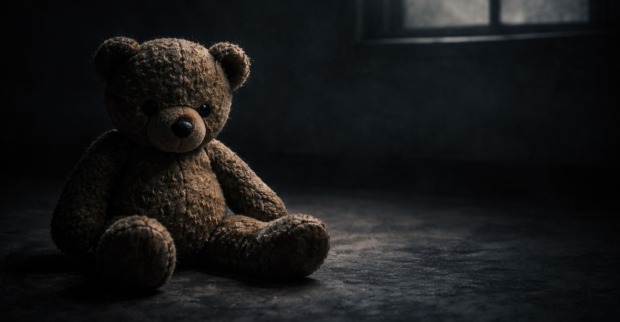 Teddybär in dunklem Raum als Symbolbild für Gewalt gegen Kinder in Österreich, nachdem mehrere Kinder in kurzer Zeit getötet wurden.