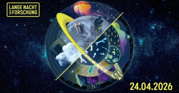 Lange Nacht der Forschung 2026 Visual mit Weltraum, Astronaut, Mikroorganismen und Technologieelementen, Datum 24.04.2026 sichtbar