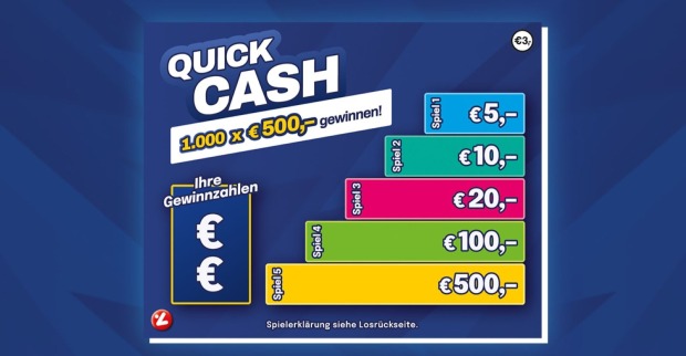 Rubbellos Quick Cash Österreich mit Gewinnzahlen, fünf Spielen und möglichen Gewinnen bis 500 Euro