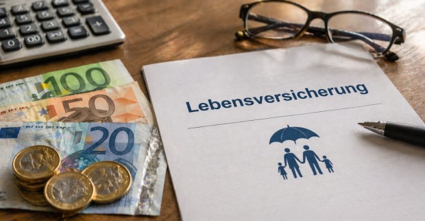 Ein Lebensversicherung-Vertrag liegt auf einem Tisch neben Euro-Scheinen und Münzen, während im Hintergrund ein Taschenrechner und eine Brille zu sehen sind. Das Bild symbolisiert die Rückzahlung von Kosten bei Lebensversicherungen nach einer Einigung des VKI mit der Versicherungsbranche in Österreich.