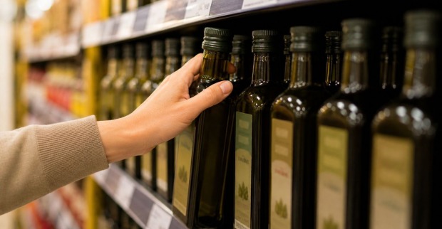Kunde nimmt Olivenölflasche aus dem Regal im Supermarkt.